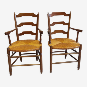 Paire de fauteuils bois paillé neo rustique circa 1950