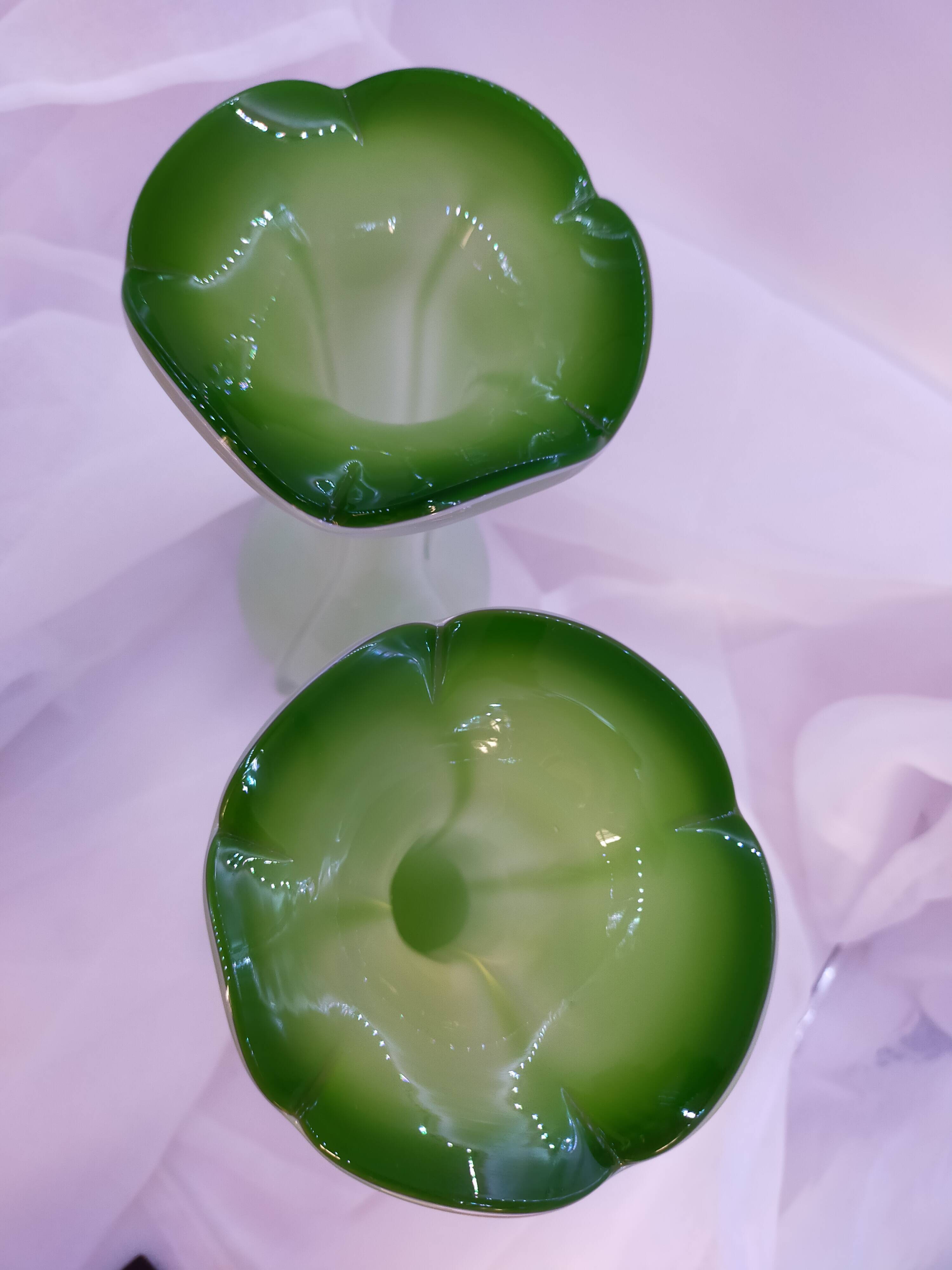 Pair of antique Murano style multi-layered blown glass vases, retro colored, Art Deco