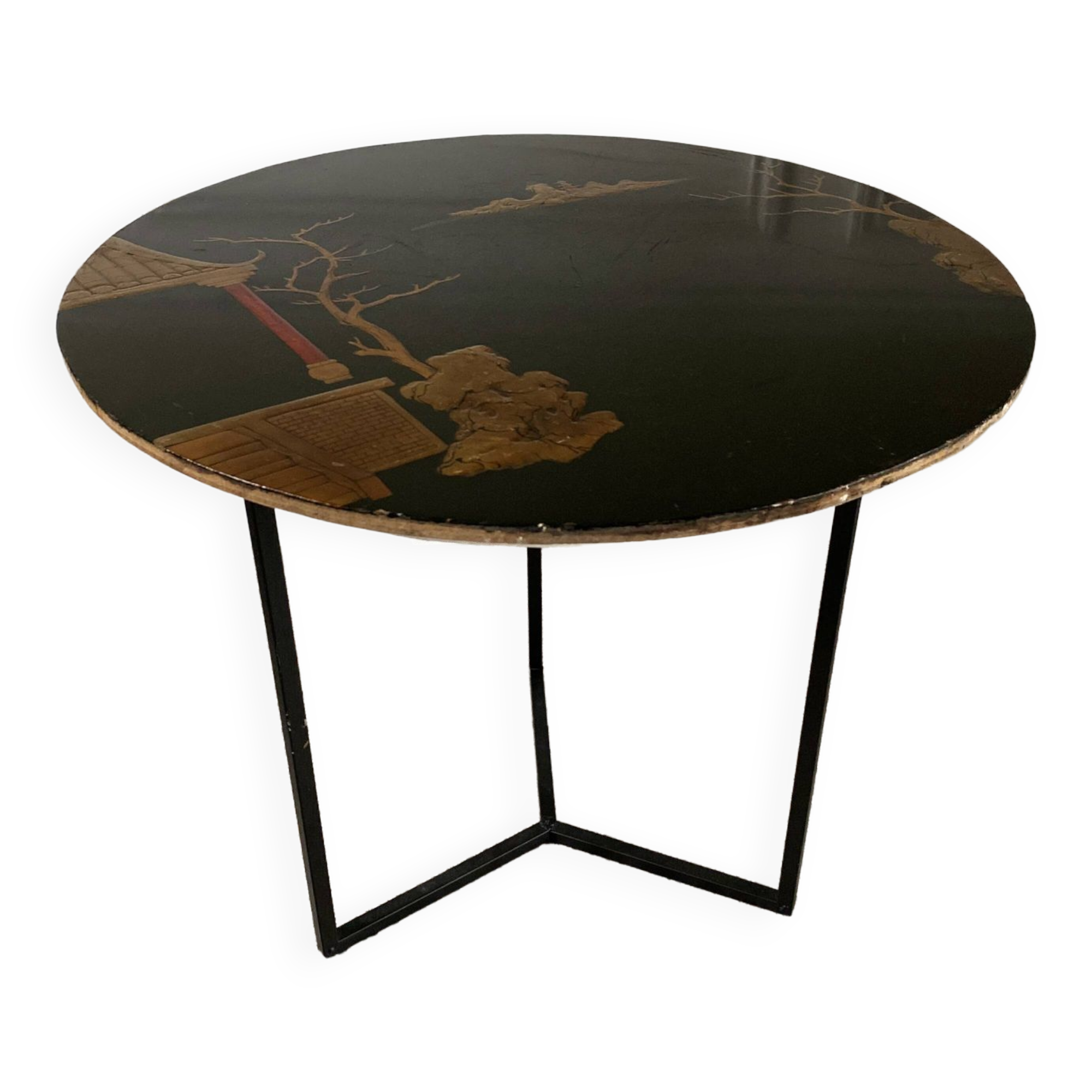 Side table, pedestal living room table, end table, round tray vintage Chinese decor