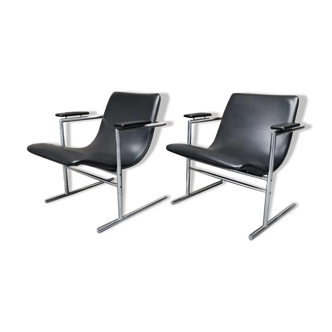 Pair of armchairs " oslo " by rudi verelst for novalux, belgian designer, chrome metal, ca 1970s