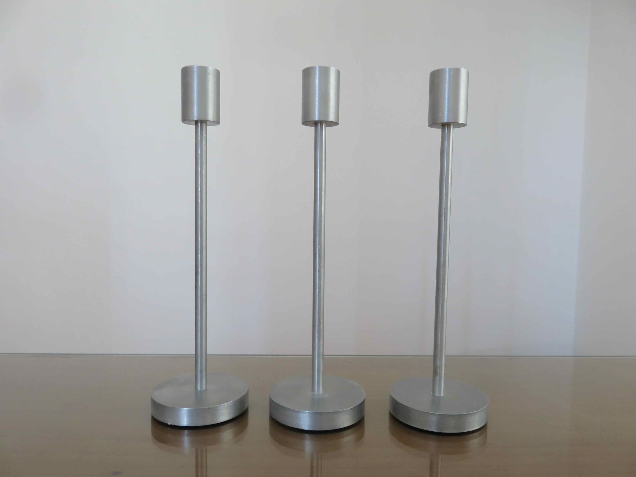 Series of 3 Scandinavian candle holders, minimalist, in 70s aluminum