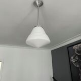 Chandelier art deco, opaline and chrome metal, France 1930