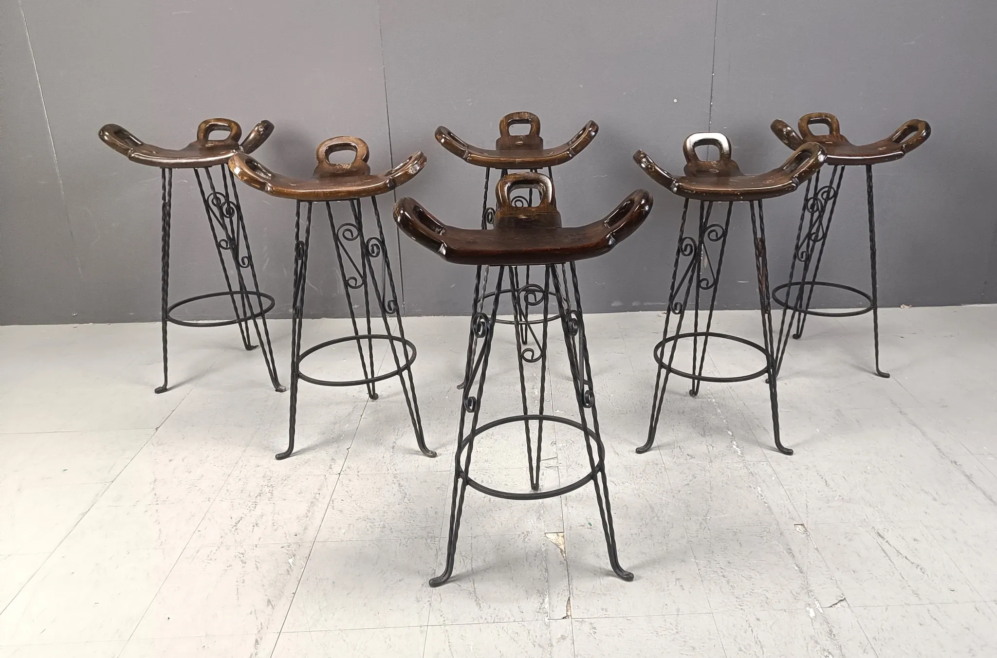 Vintage Spanish wrought iron bar stools, 1960s - set of 6