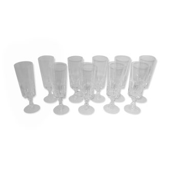 Ancient set 10 crystal champagne flutes of arques