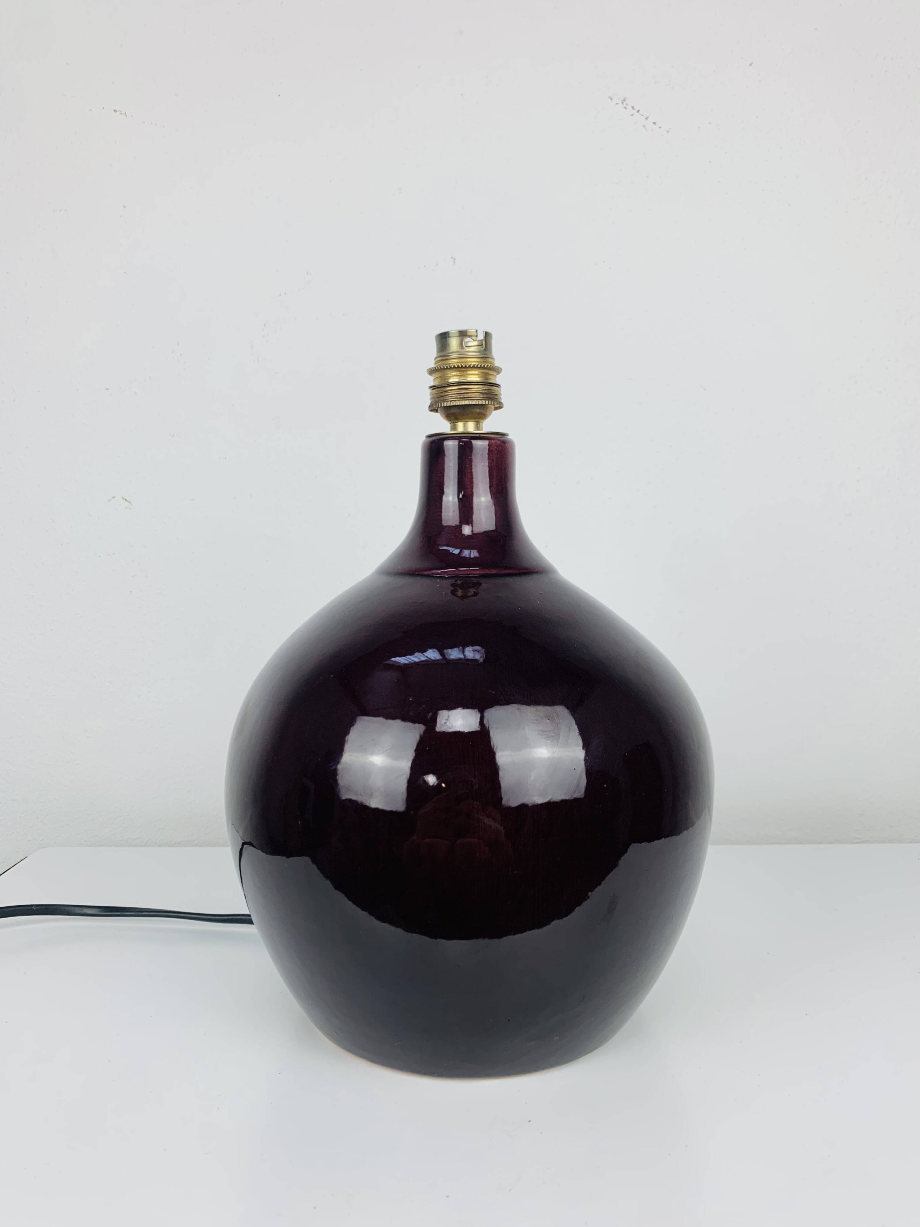 Purple ceramic ball lamp 55 cm from the 60s, silk lampshade