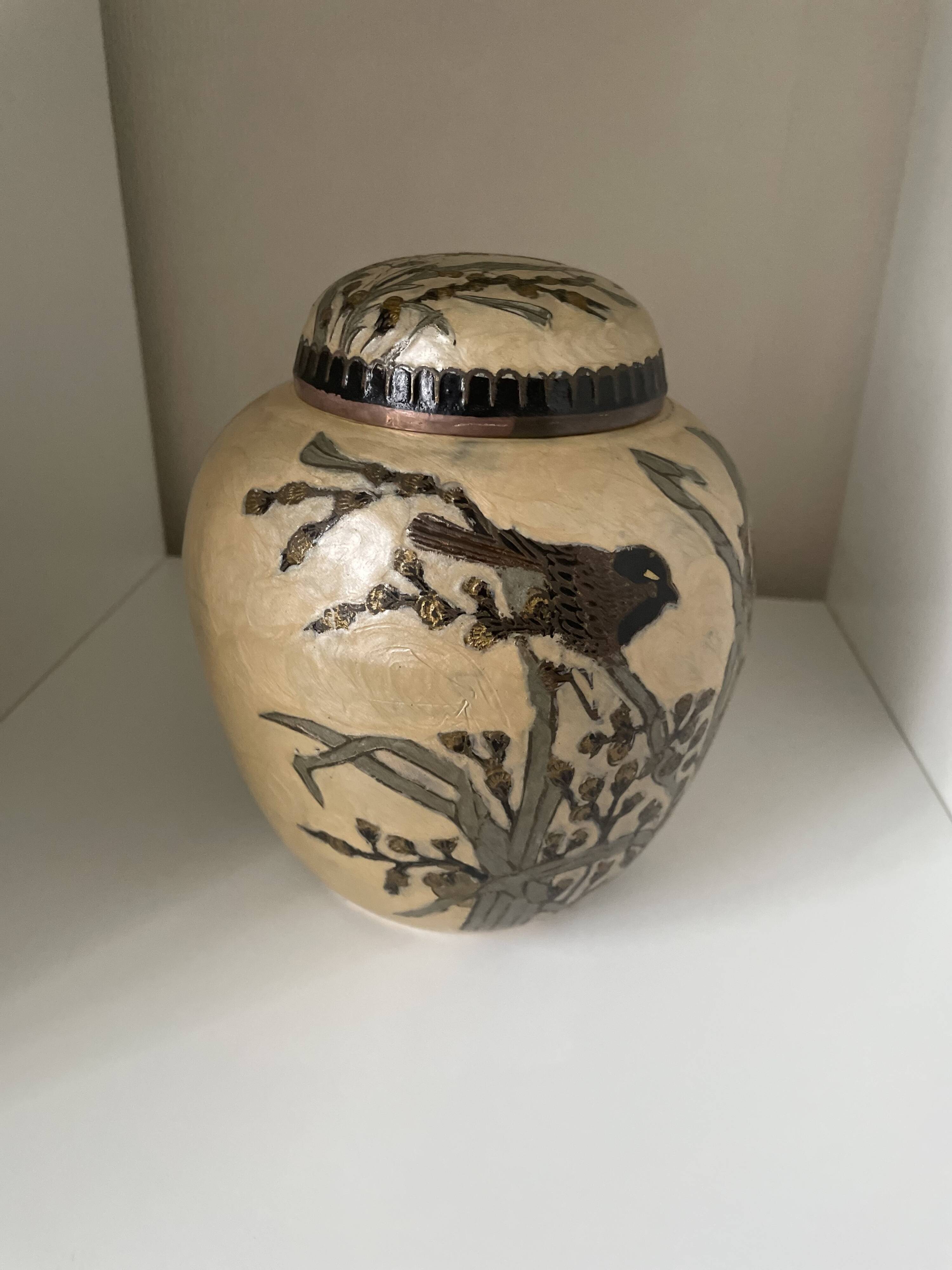 Enameled brass lidded pot