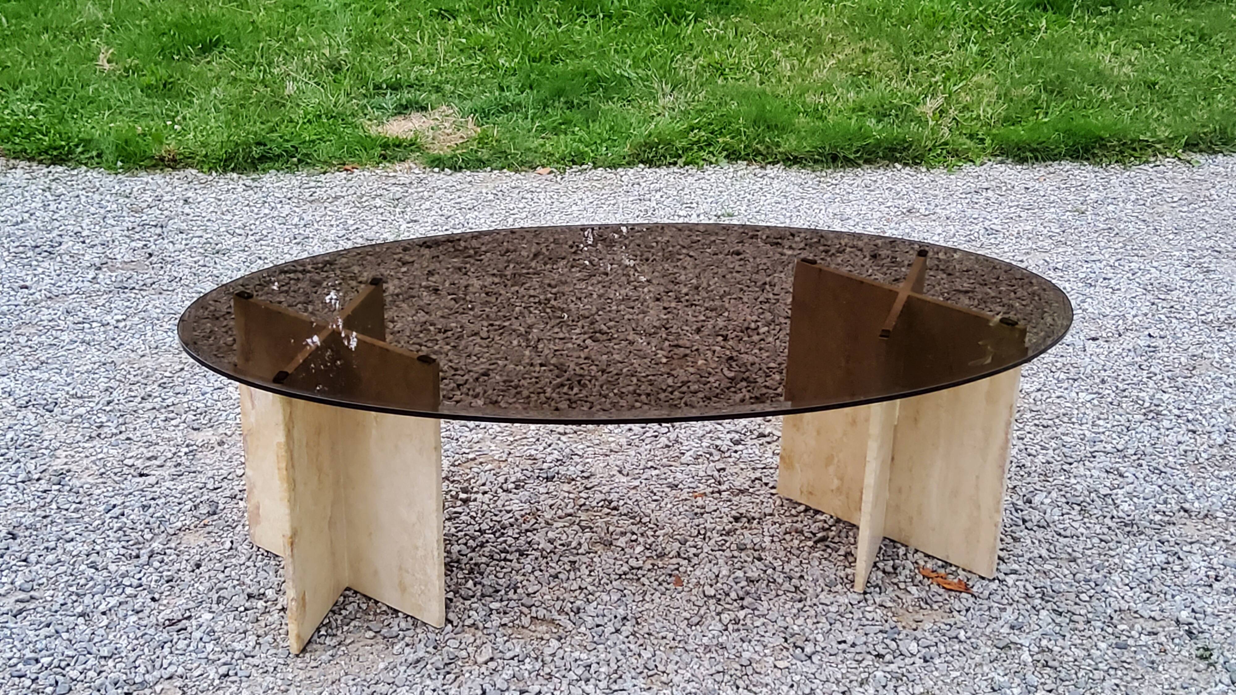 70s travertine and smoked glass designer coffee table