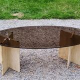 Table basse design en travertin et verre fumé des années 70