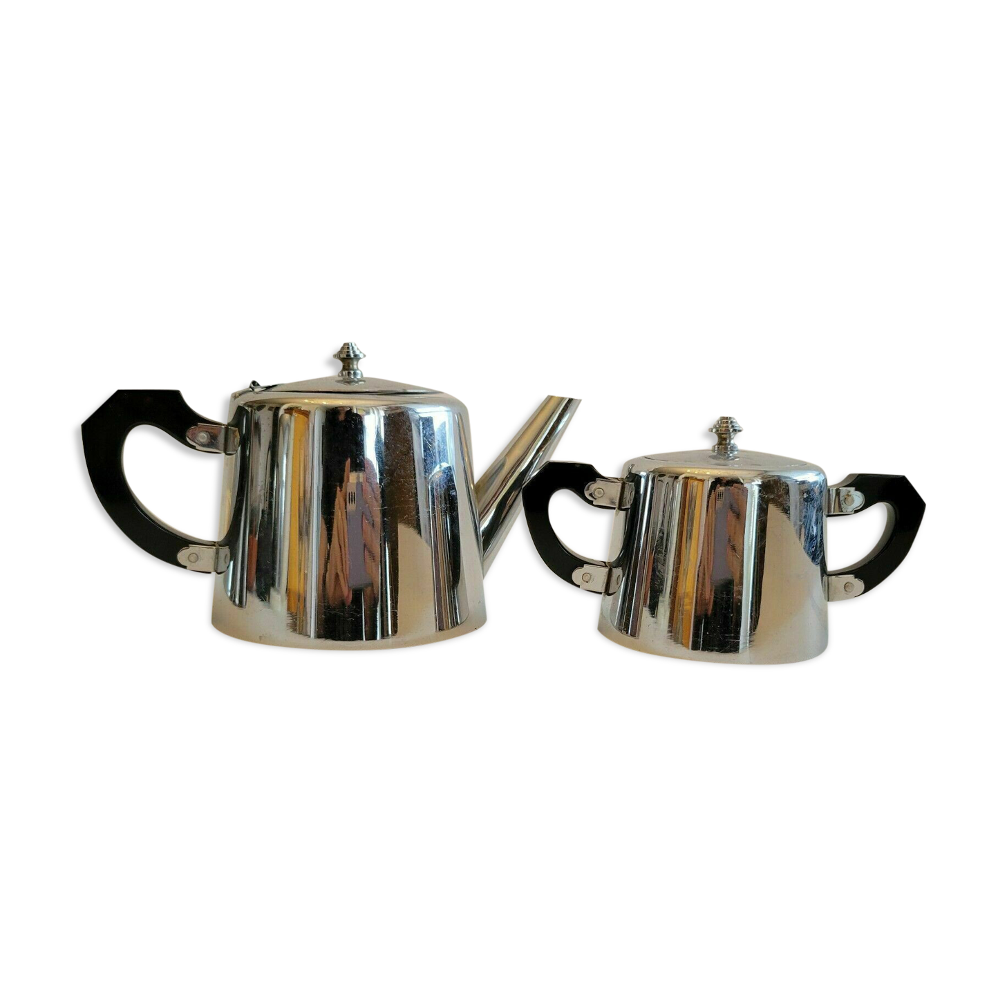 Teapot and sugar pot stainless steel vintage art deco style