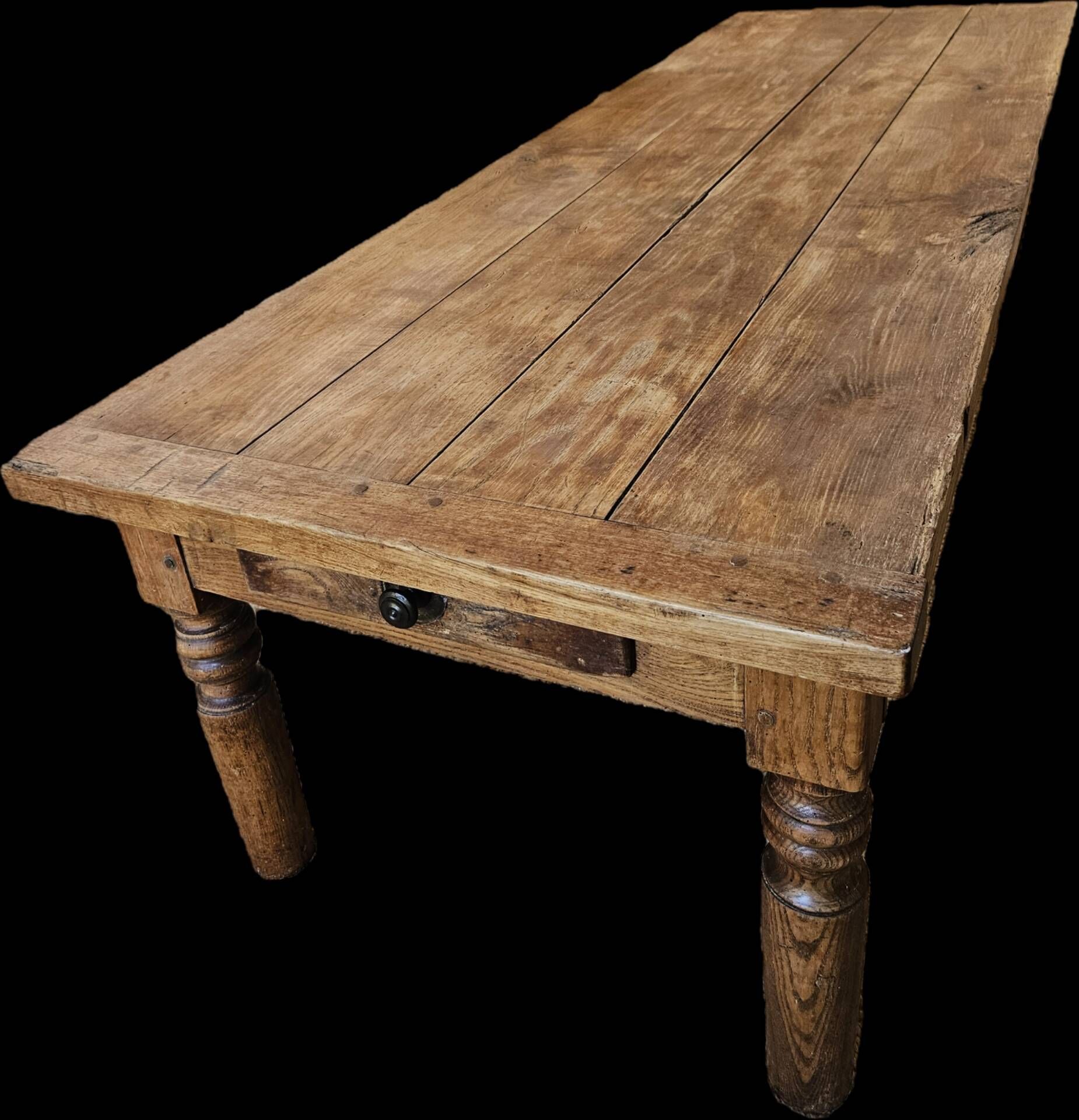 XXL coffee table in solid raw elm wood with 2 drawers, rustic antique.