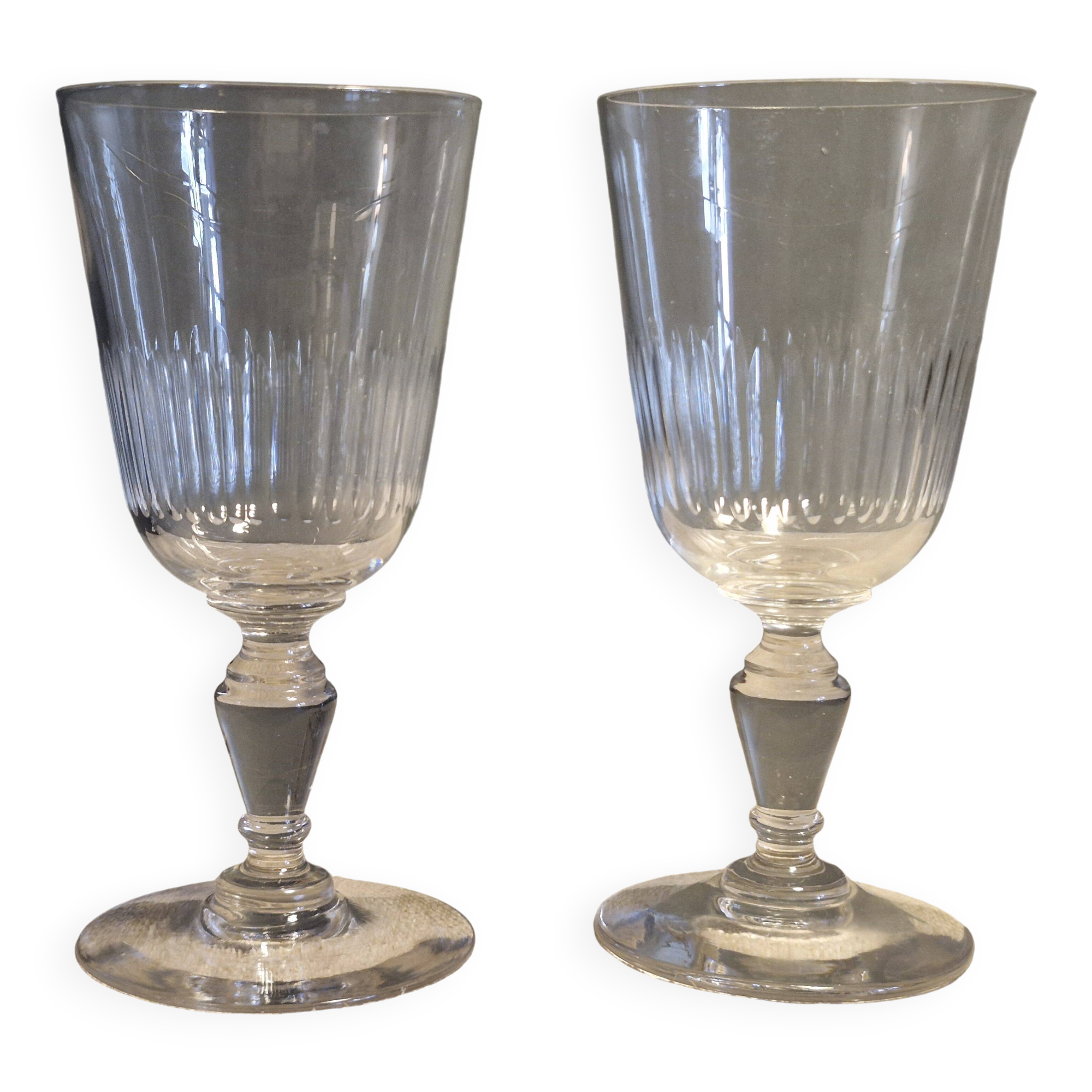 2 Verres a eau/Vin anciens à fines cotes - Cristal de Baccarat