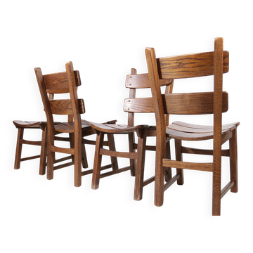 Set of 4 brutalist oak ladderback dining chairs – Netherlands, 1970s