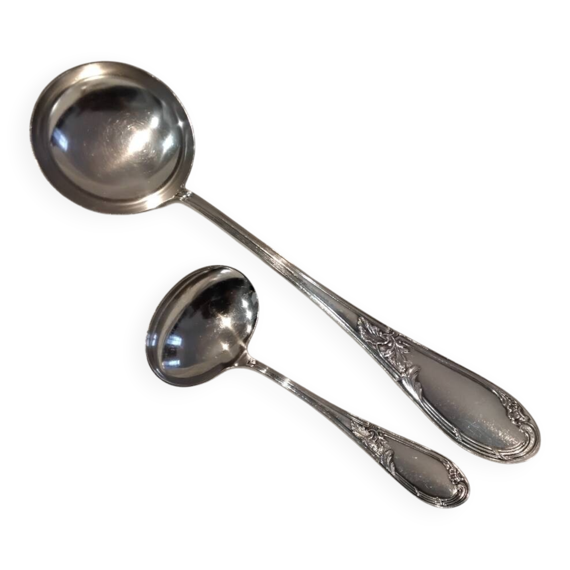 2 Silver-plated soup and sauce ladles with rocaille ribbon decoration