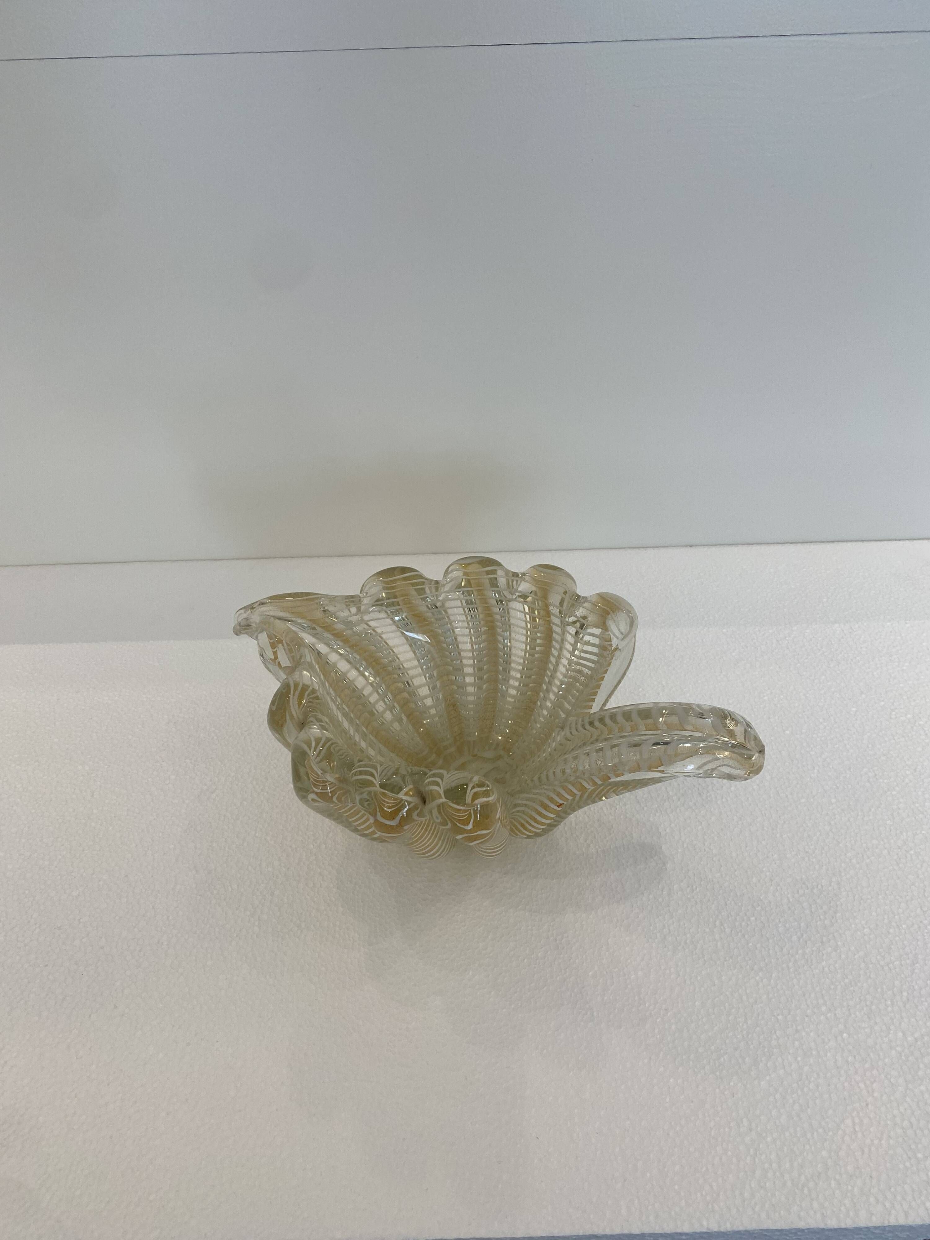 Murano Barovier 'Zebrati' Decor Glass Shell Bowl Hollywood Regency, 1960s