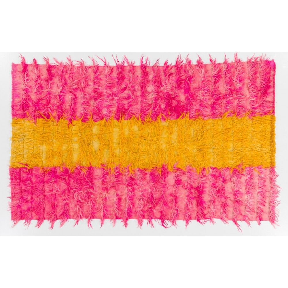 New Hand-Knotted Shag Pile Tulu Rug in Hot Pink and Yellow, 100% Mohair Wool