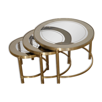 Pull-out or bass tables in brass and glass 1970