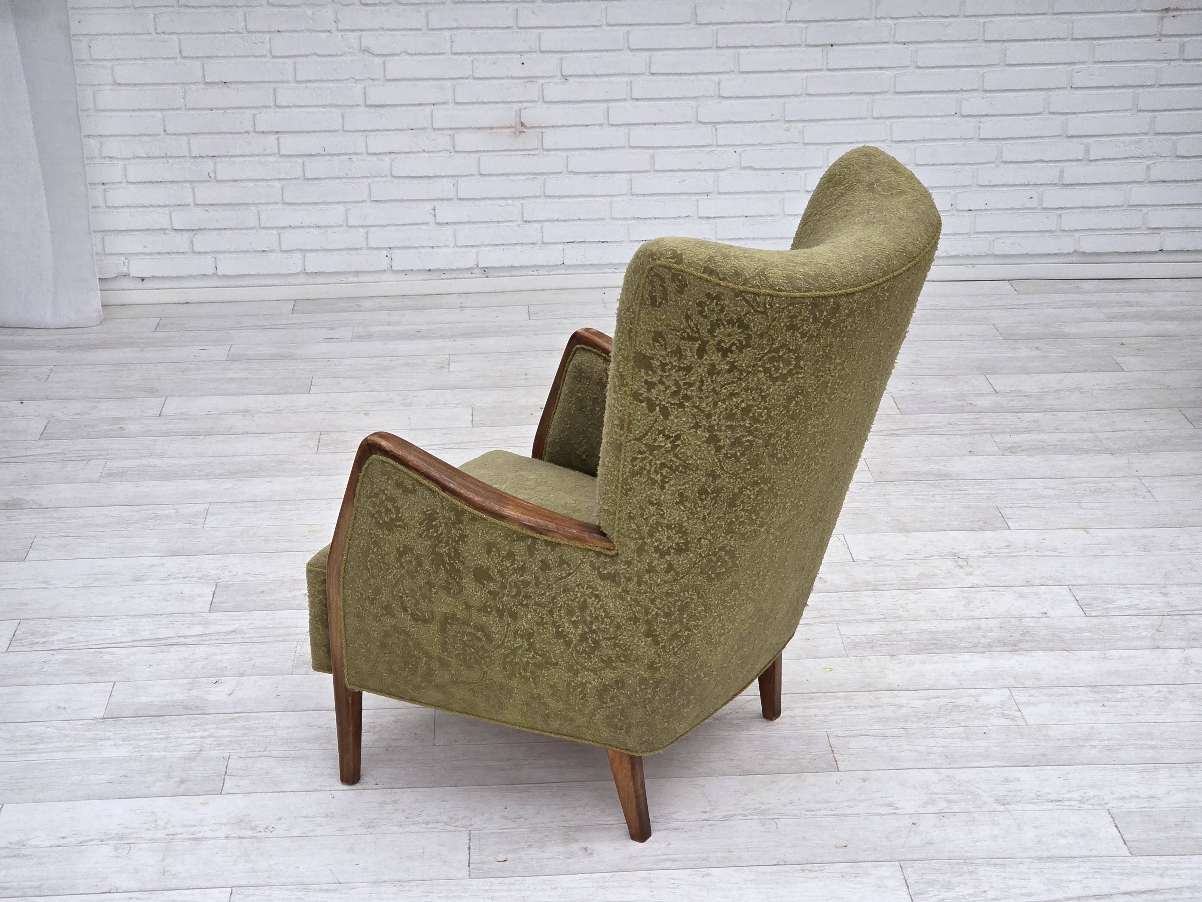 1960s, Danish armchair, original green furniture velour, ash wood