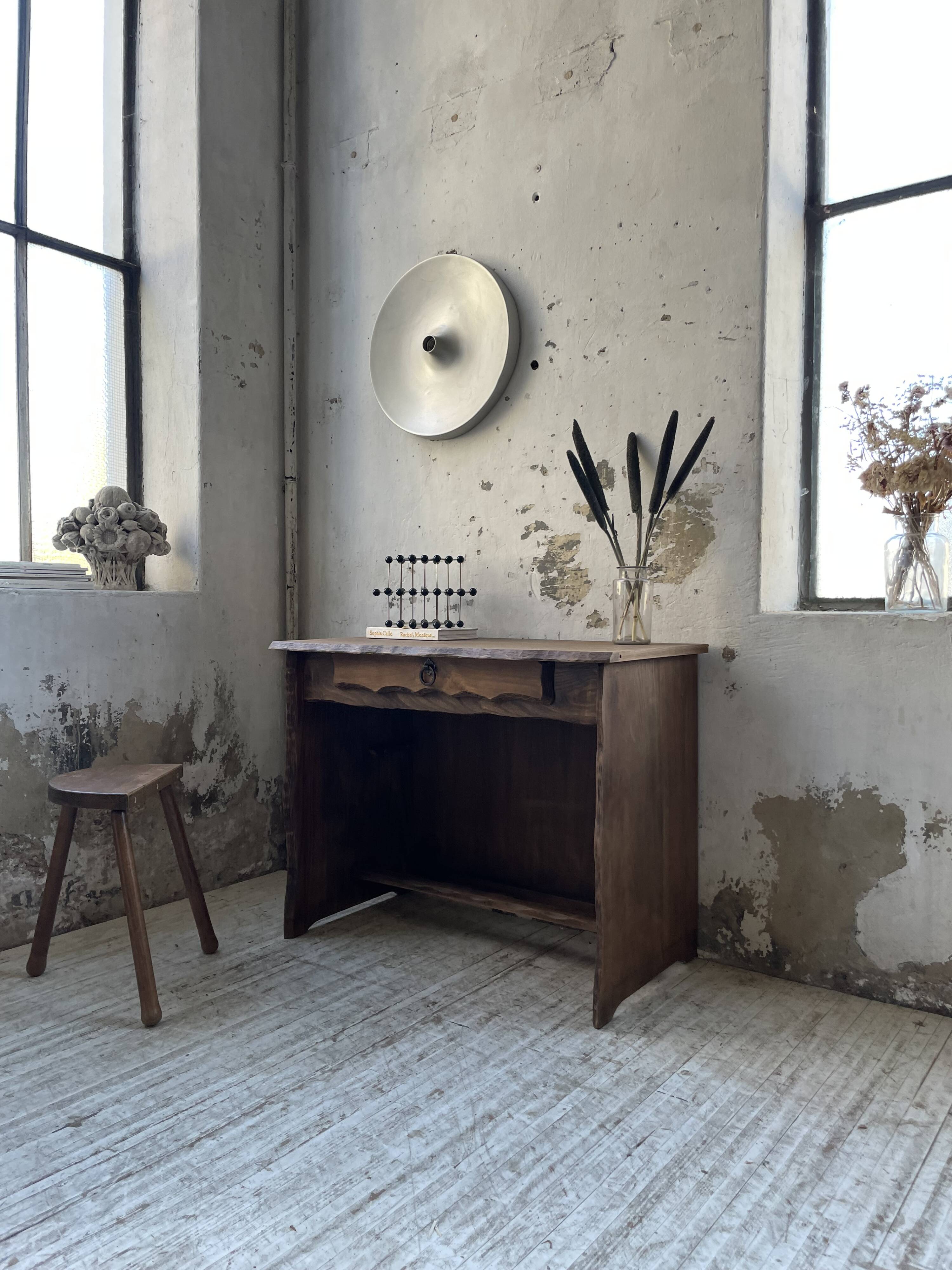 Brutalist desk in elm, signed Aranjou.