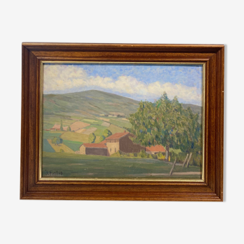 Old painting, landscape Monts Lyonnais, signed dated 1944