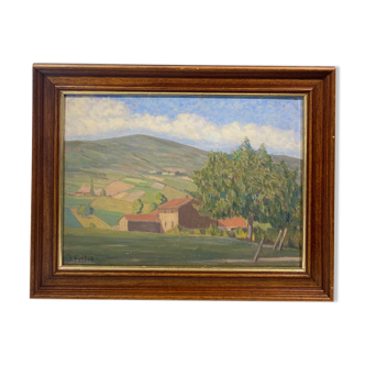 Old painting, landscape Monts Lyonnais, signed dated 1944