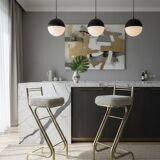 Mid-Century Modern Z Frame Bar Stools in Gold and Natural Shearling - Pair