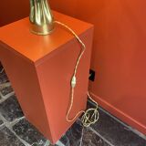 Brass shell socket lamp from the 1st WW, black pyramidal lampshade in Carlucci linen.