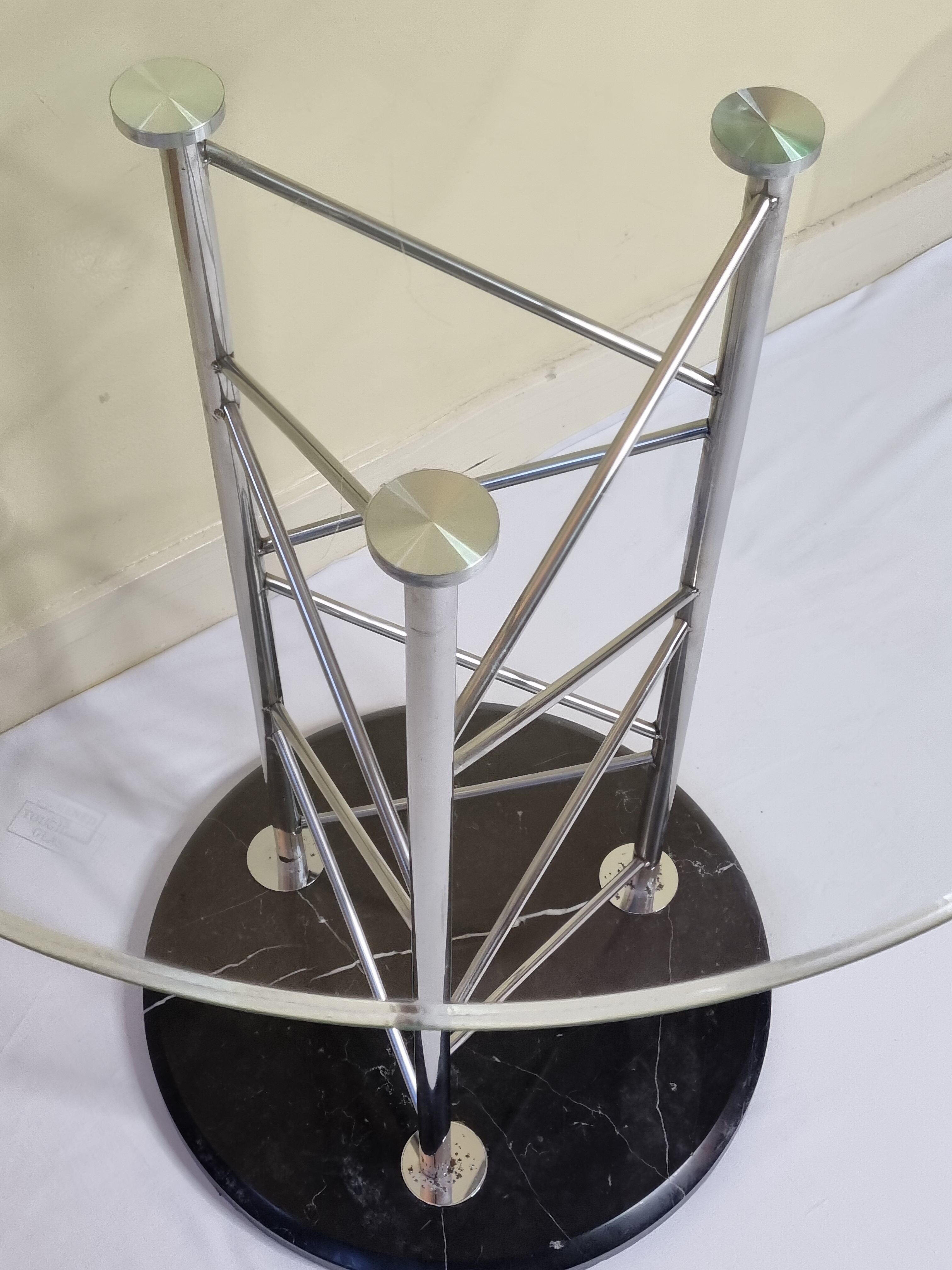 Side table "Eiffel" in glass and chrome steel with a marble base, 80s