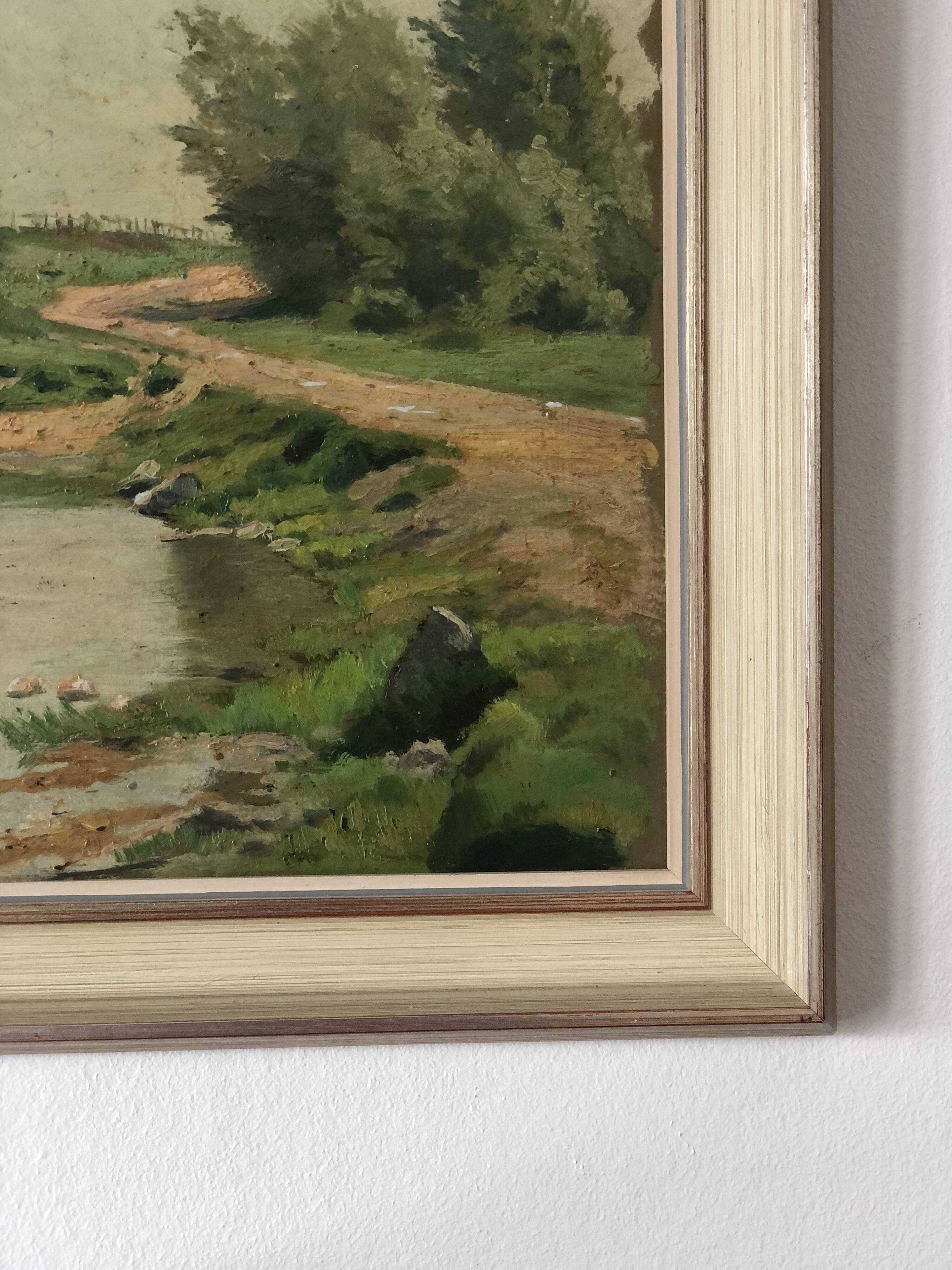 Vintage Original Landscape Oil Painting: Countryside Cottage Art