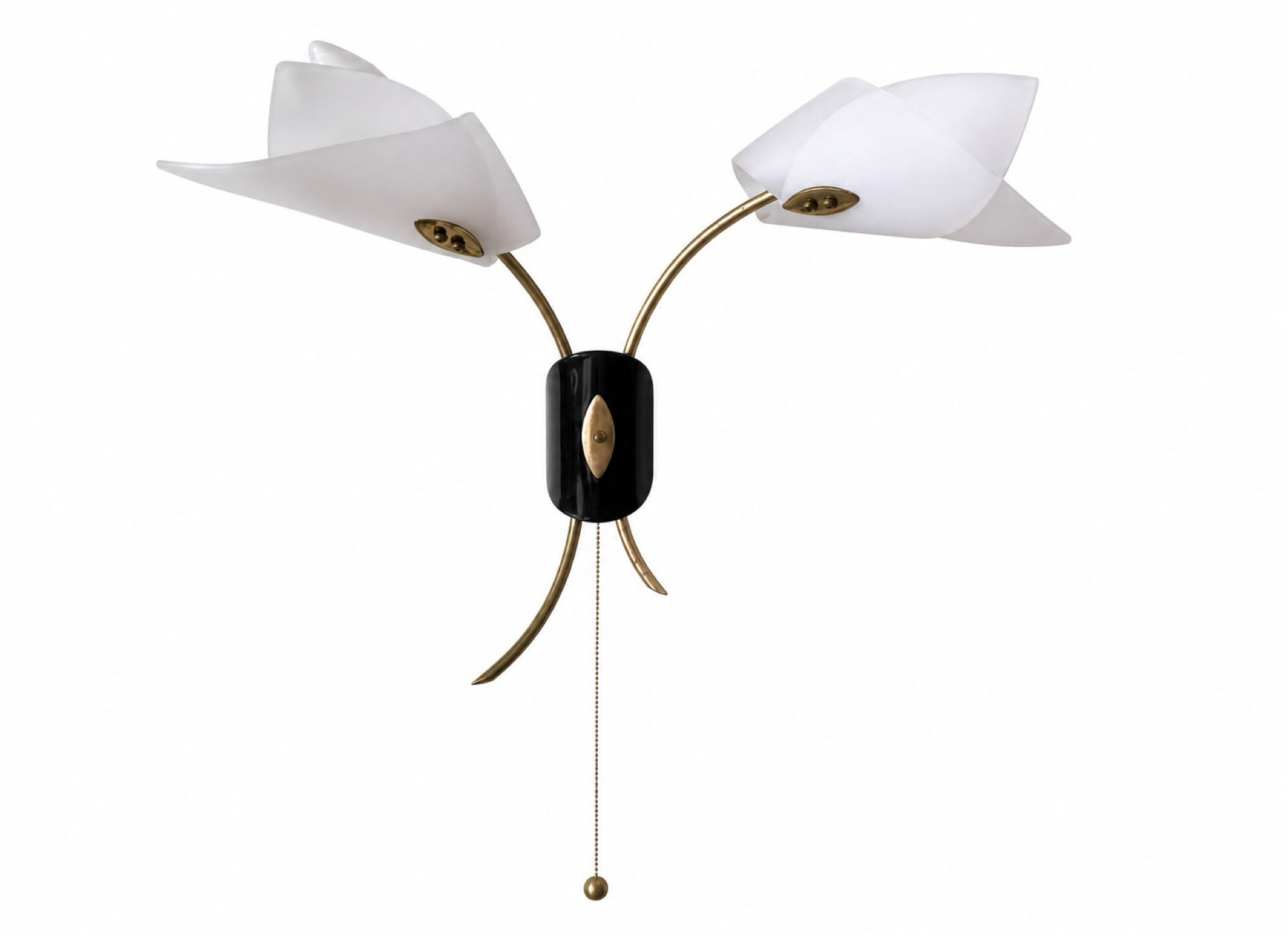 Mid-century pair of wall lights with 2 bulbs — opaline, brass & black lacquer