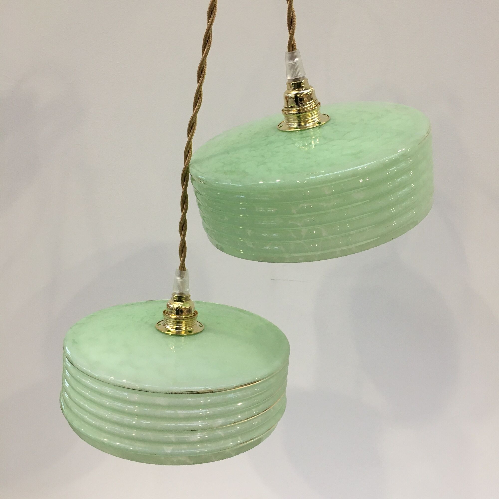 Pair of Art Deco pendant lamps in green Clichy glass