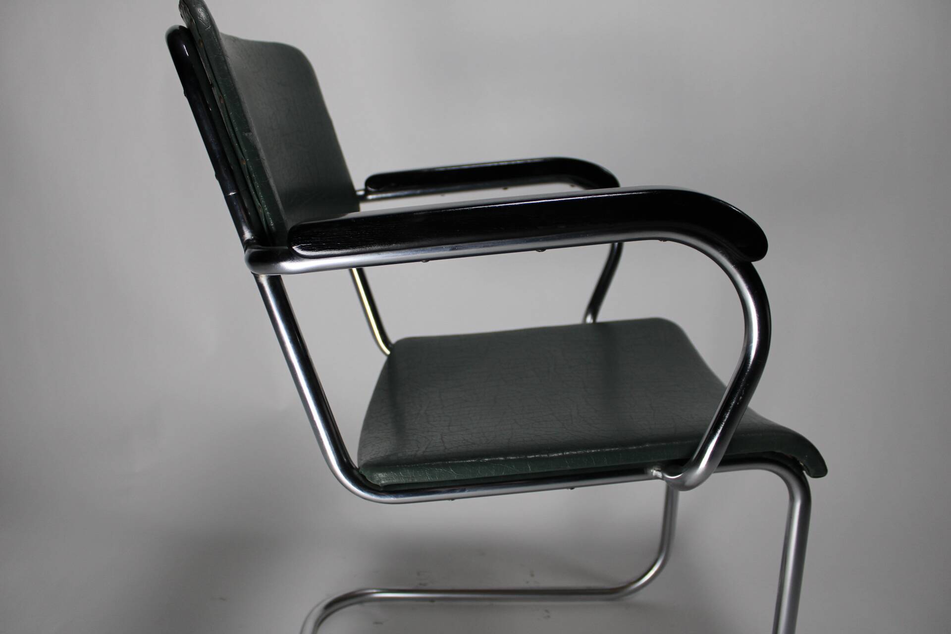 Vintage chrome and blue gray leather chair verkstads model motala 1950 sweden