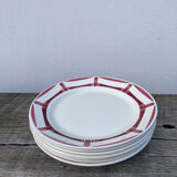 7 flat plates in white and red burgundy porcelain vintage Badonviller model Louise