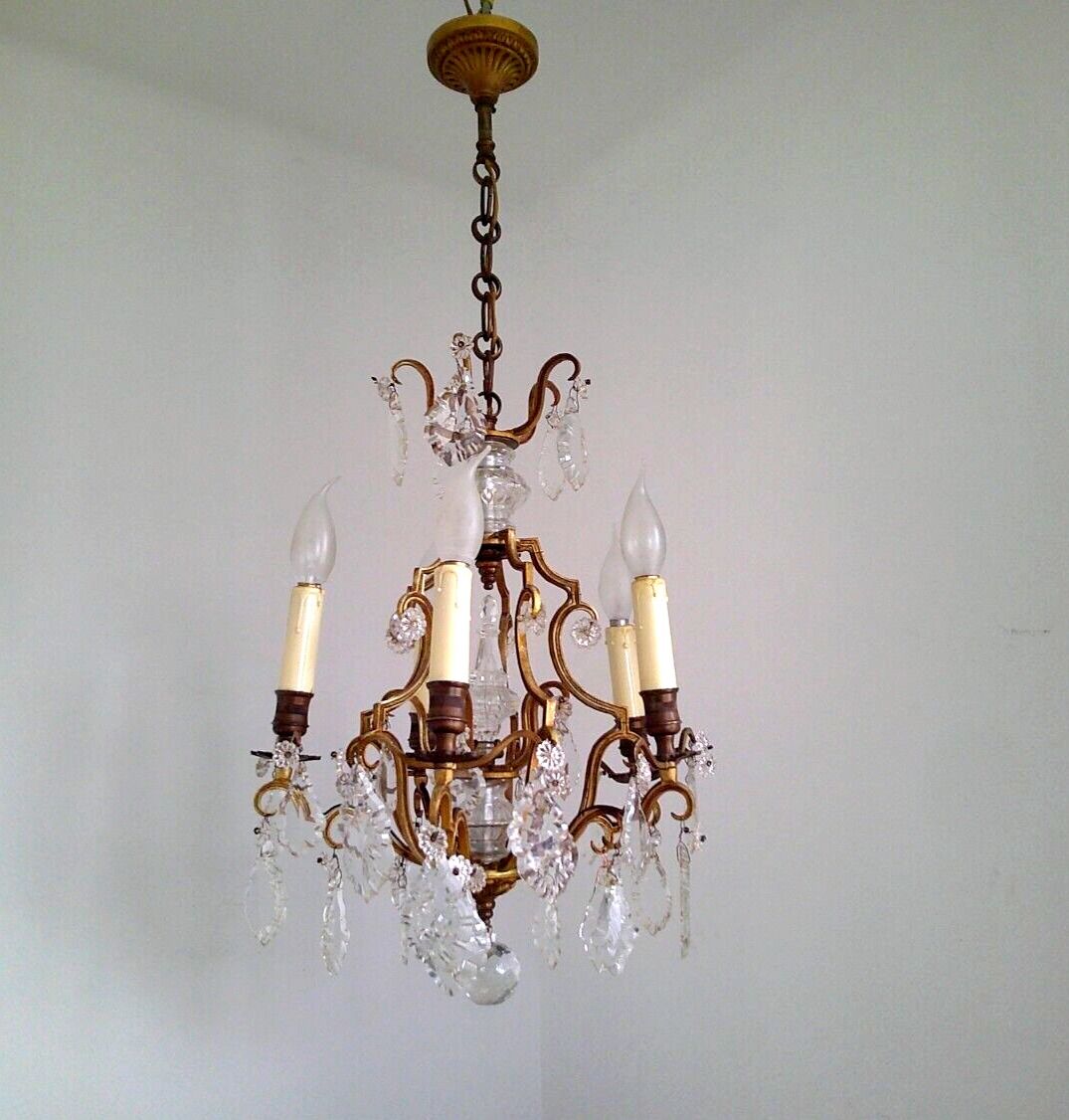 French antique bronze glass & crystal 5 light cage chandelier 4032