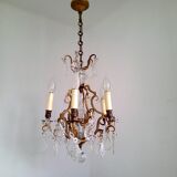 French antique bronze glass & crystal 5 light cage chandelier 4032