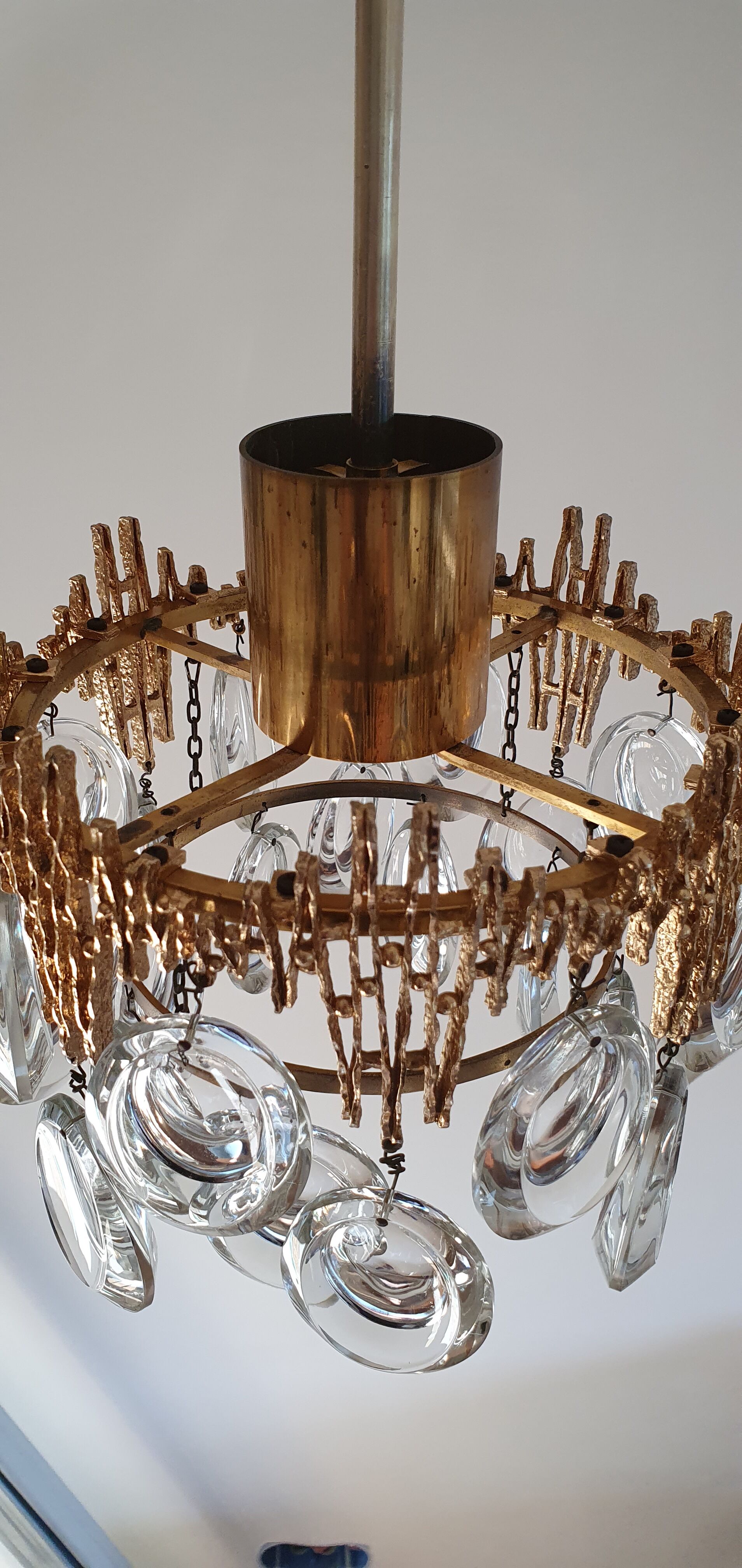Small brass brutalist chandelier with crystal stamps