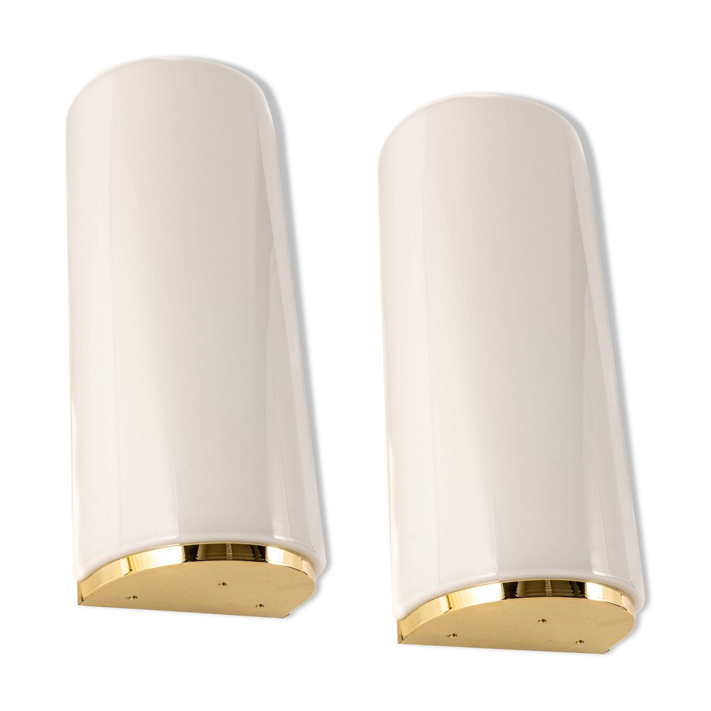 Pair of large opaline glass wall lights in brass designed by Limburg, Germany.