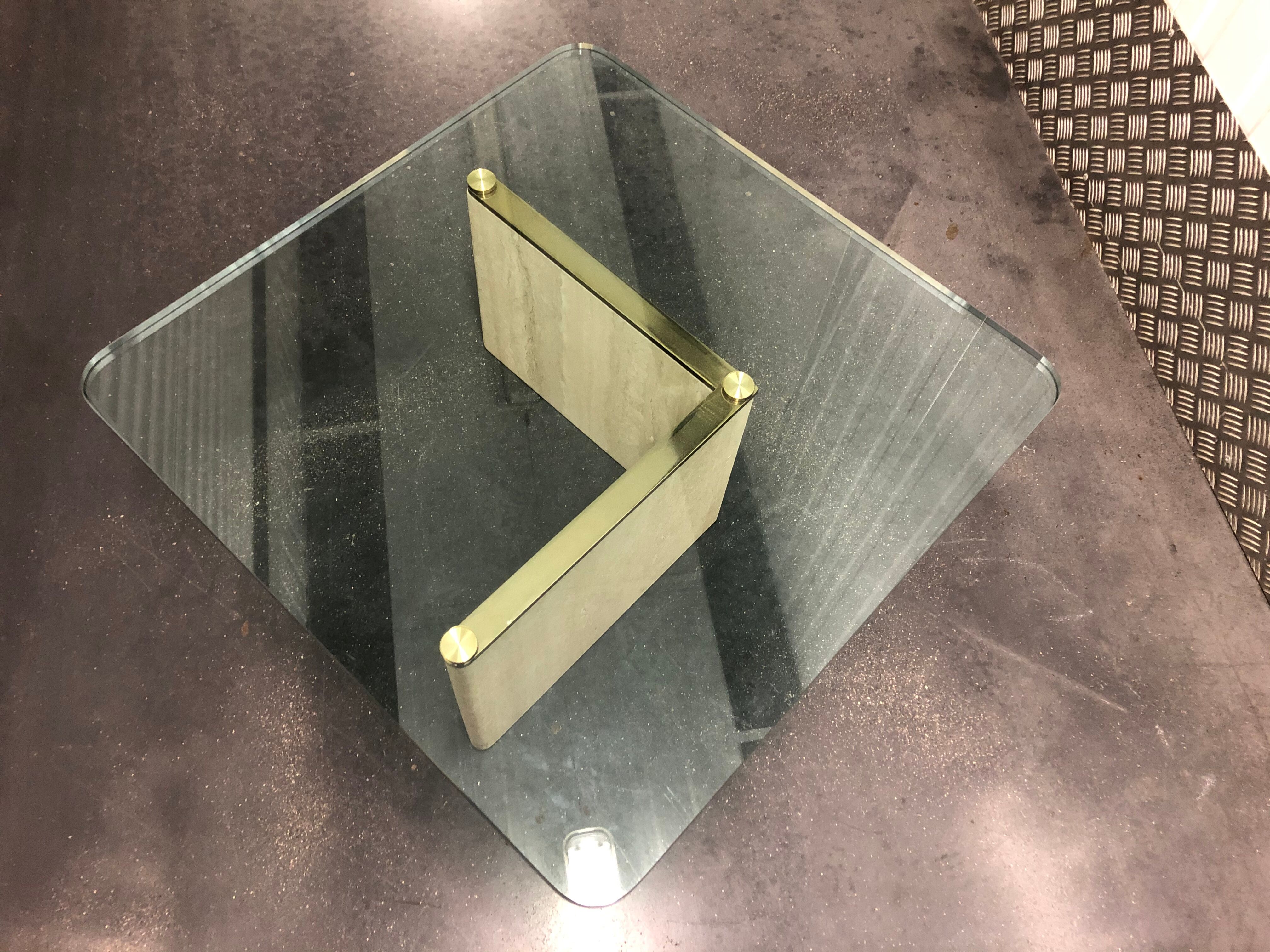 Square travertine vintage bass tabke and glass slab around 1970