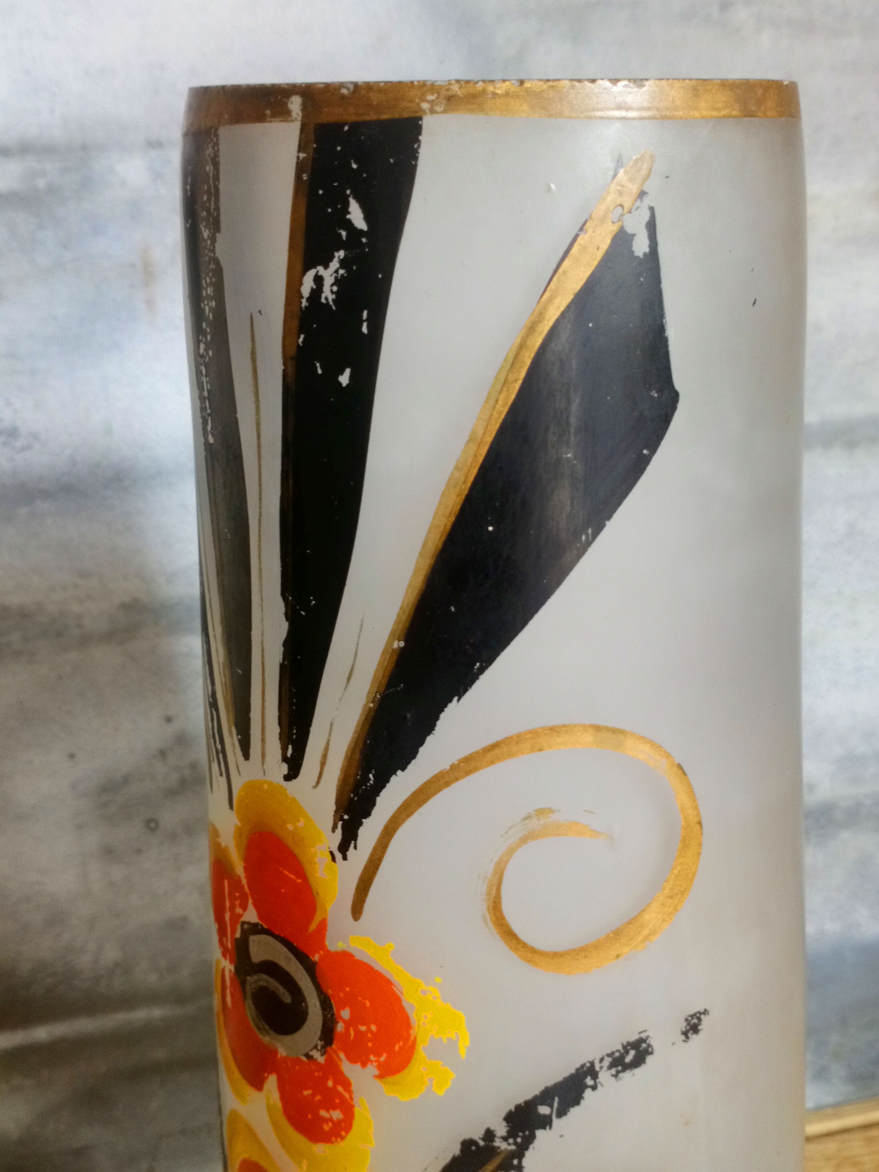 Painted frosted glass Art Deco vase