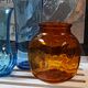 Trio vintage vase bottle and jar in amber and blue glass