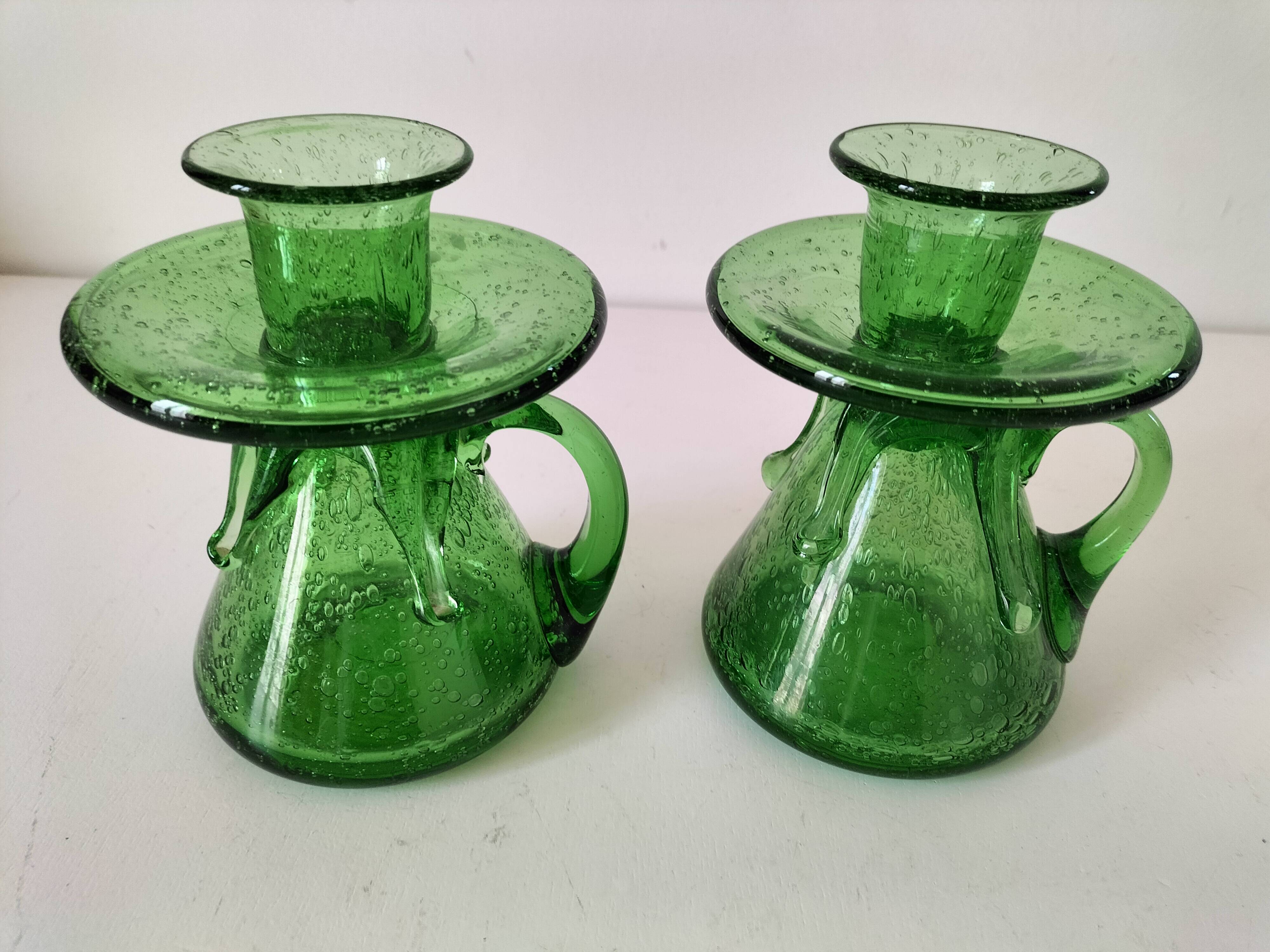 Duo de bougeoirs en verre bullé vert – Verrerie de Biot