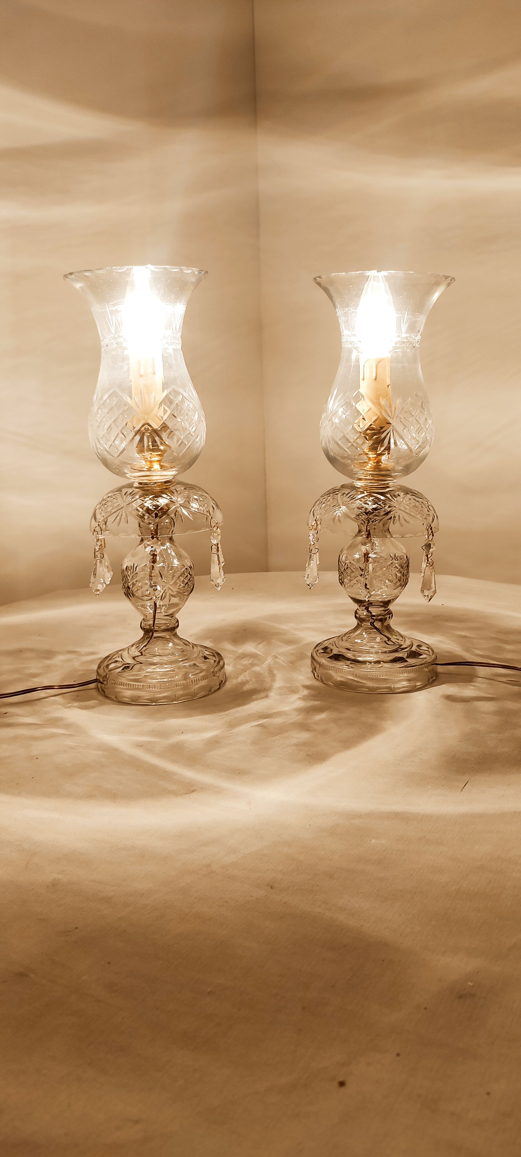 Pair of cut glass table lamps, France, 1950s