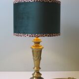 Vintage brass table lamp with green velvet shade.