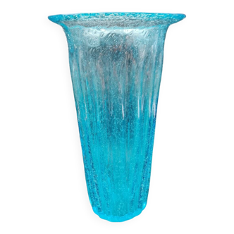 Large blown bubbled glass vase with vintage sky blue ribbed texture, height 30cm