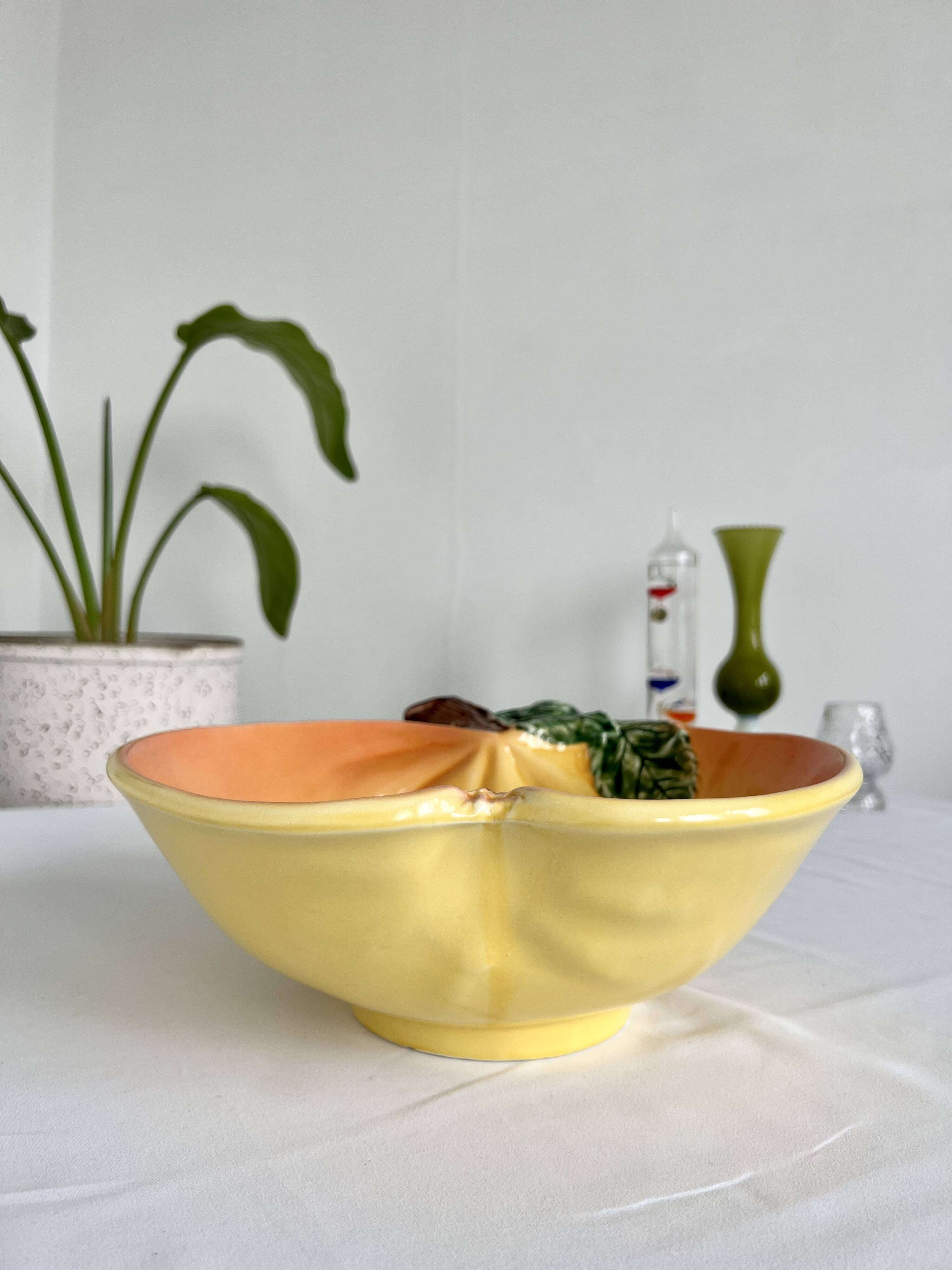 Large vintage salad bowl slip apple shape hand painted earthenware