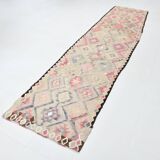 3x12 Pink & Beige Geometric Kilim Runner Rug, 94x378Cm