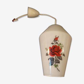 Lampe suspension vintage verre opalin blanc décor fleur rose 1960 1970