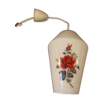 Lampe suspension vintage verre opalin blanc décor fleur rose 1960 1970