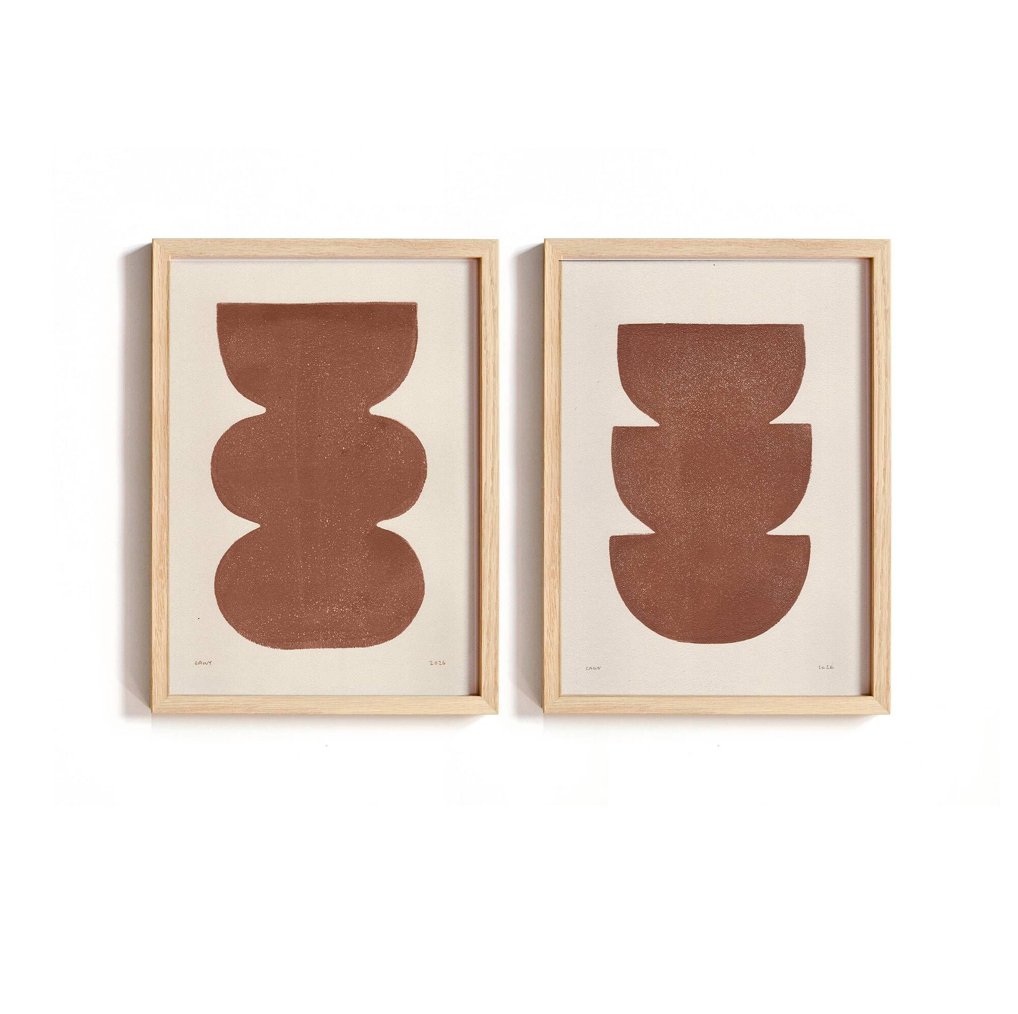 Duo of terracotta abstract paintings on paper signed Eawy.