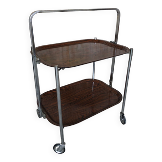 Chromed metal folding trolley, wood imitation formica top + casters