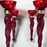 Pair of 62 cm murano torchere wall lights in red tinted glass and brass